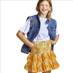 Made In France Floral Yellow Dropped Waist Tiered Cotton  Skirt Teen 14 Girl